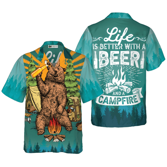 Camping Hawaiian Shirt, Bear Drink Beer, Life Is Better With Beer And A Campfire, Colorful Summer Aloha Shirt For Men Women, Perfect Gift For Friend, Team - Amzanimalsgift