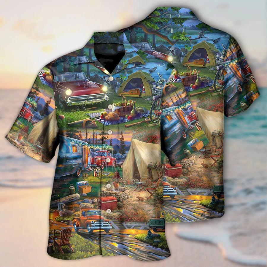 Camping Hawaiian Shirt, Camping Art, Camping Happy Night With Caravans Aloha Shirt For Men And Women - Perfect Gift For Camping Lovers - Amzanimalsgift