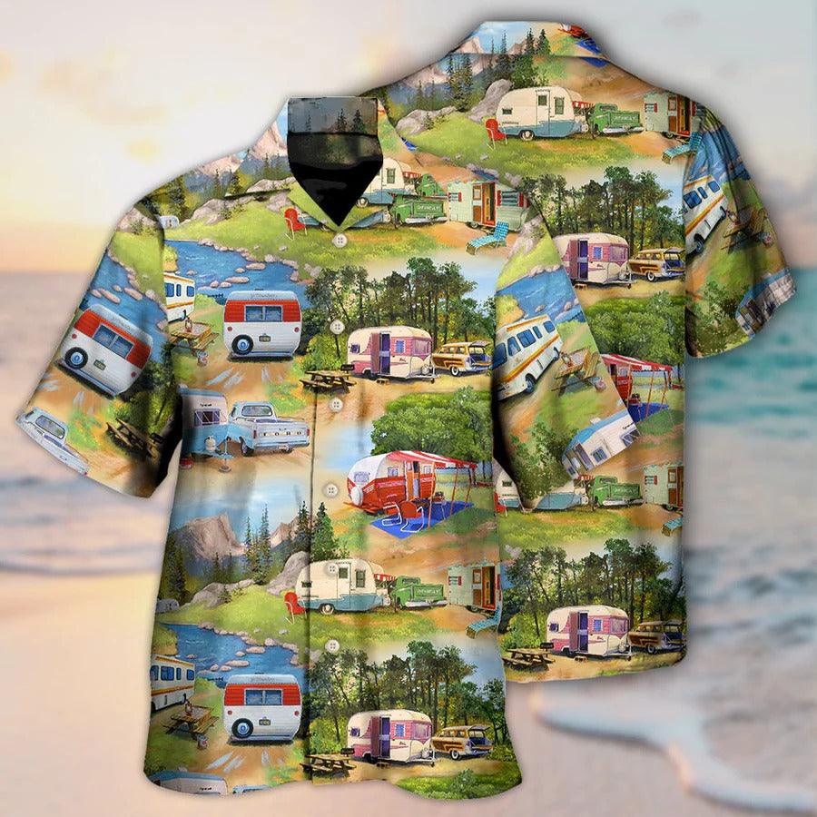Camping Hawaiian Shirt, Camping Caravan, Camping Vintage Happy Life Aloha Shirt For Men And Women - Perfect Gift For Camping Lovers - Amzanimalsgift