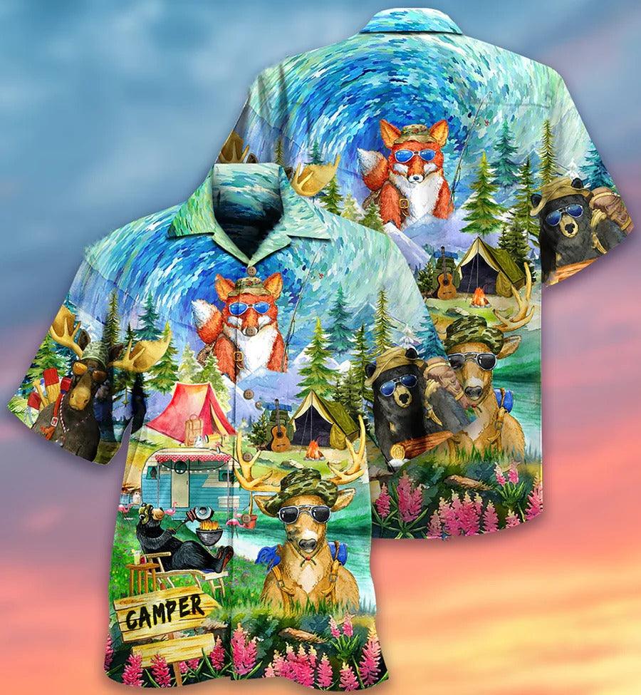 Camping Hawaiian Shirt, Camping Happy Animals Aloha Shirt For Men And Women - Perfect Gift For Camping Lovers, Animal Lovers - Amzanimalsgift