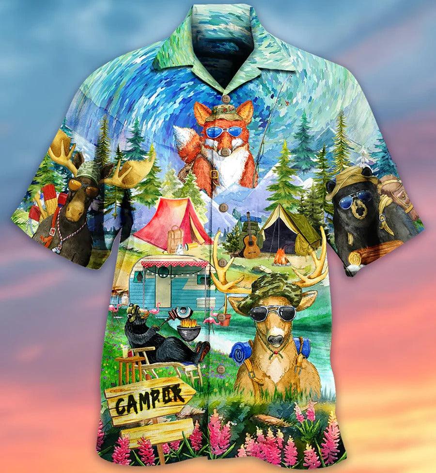 Camping Hawaiian Shirt, Camping Happy Animals Aloha Shirt For Men And Women - Perfect Gift For Camping Lovers, Animal Lovers - Amzanimalsgift