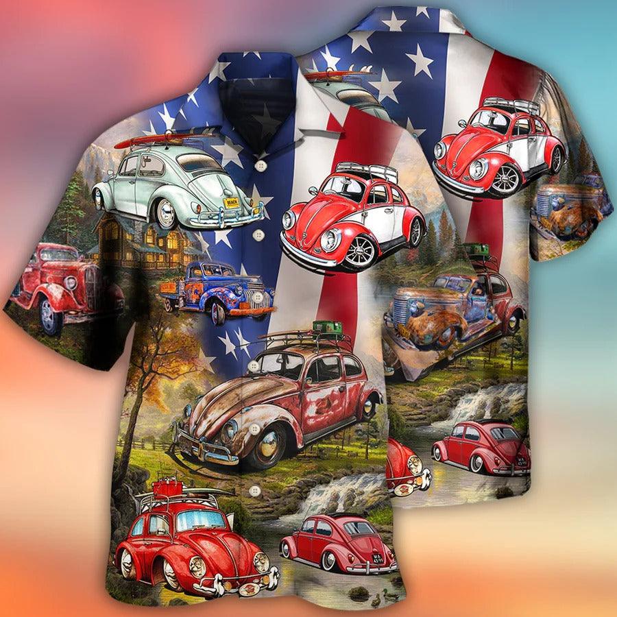 Camping Hawaiian Shirt, Camping Ladybug Car, Camping Independence Day American Flag Aloha Shirt For Men And Women - Perfect Gift For Camping Lovers - Amzanimalsgift
