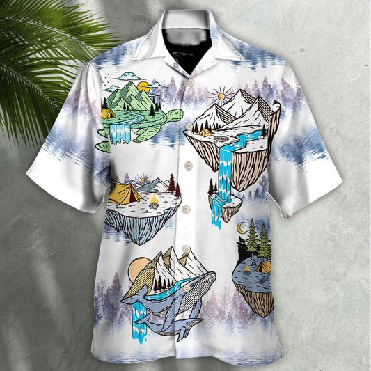 Camping Hawaiian Shirt, Camping Turtle And Shark Hawaiian Shirt, Camping Funny Aloha Shirt- Perfect Gift For Men, Women, Camping Lover, Friend, Family - Amzanimalsgift