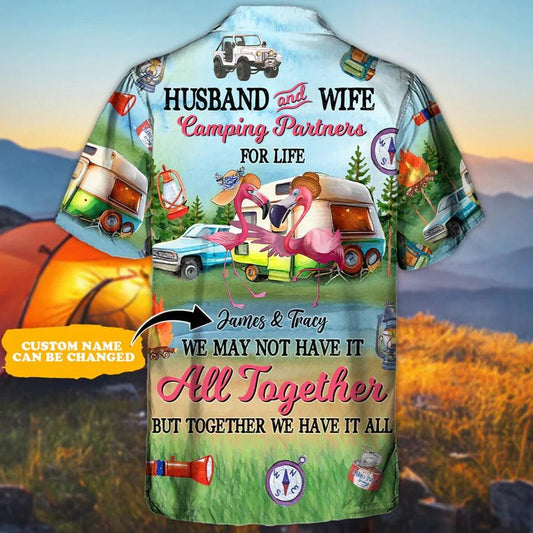 Camping Personalized Hawaiian Shirt, Camping Flamingo Custom Name Hawaiian Shirt, Flamingo Husband And Wife Aloha Shirt - Perfect Gift For Men, Women - Amzanimalsgift