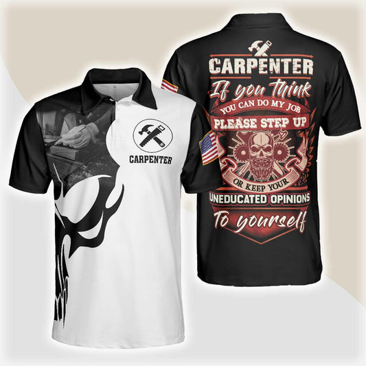 Carpenter Proud Skull Short Sleeve Black And White Polo Shirt, American Flag Polo Shirt, Best Carpenter Shirt For Men - Amzanimalsgift