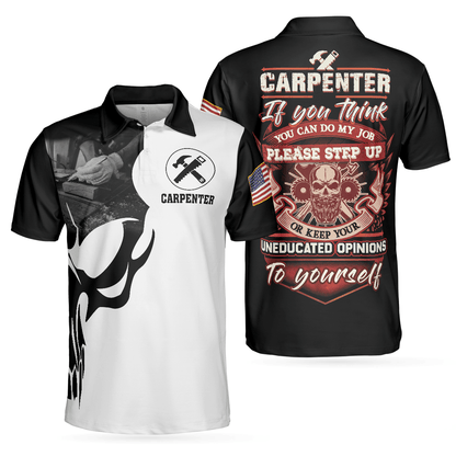 Carpenter Proud Skull Short Sleeve Black And White Polo Shirt, American Flag Polo Shirt, Best Carpenter Shirt For Men - Amzanimalsgift