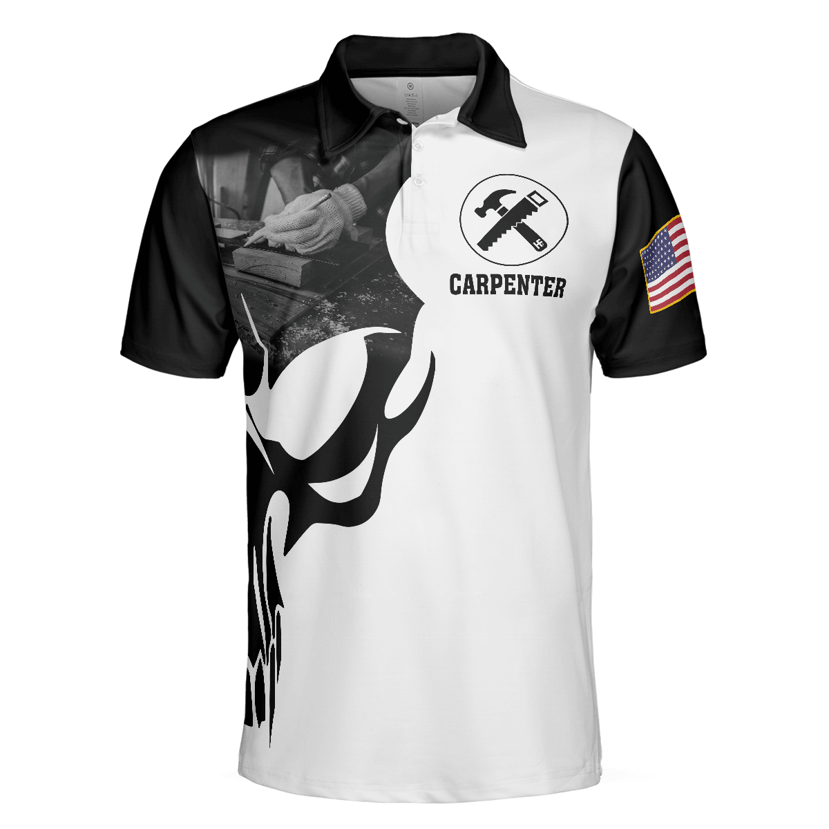Carpenter Proud Skull Short Sleeve Black And White Polo Shirt, American Flag Polo Shirt, Best Carpenter Shirt For Men - Amzanimalsgift