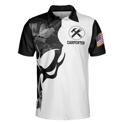 Carpenter Proud Skull Short Sleeve Black And White Polo Shirt, American Flag Polo Shirt, Best Carpenter Shirt For Men - Amzanimalsgift