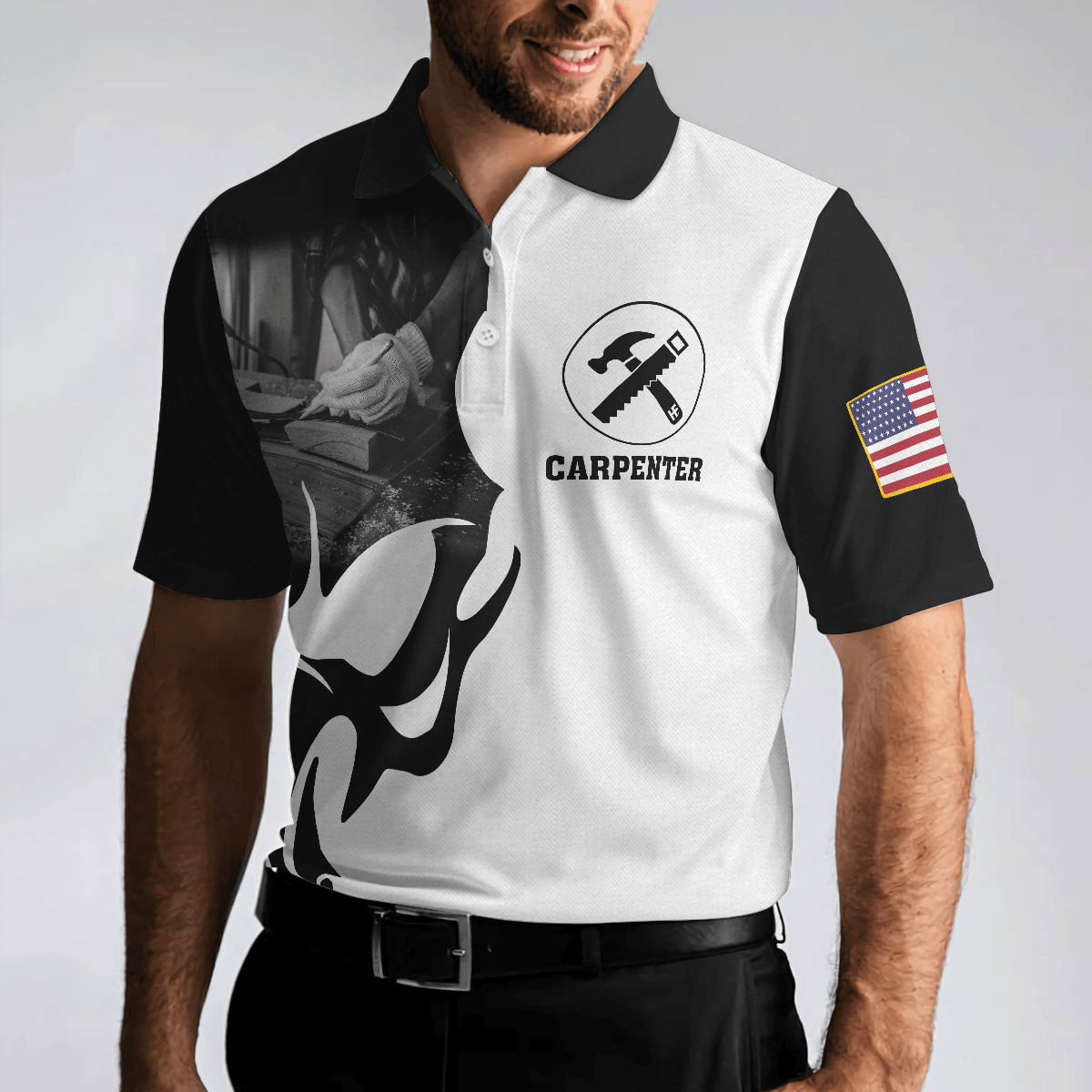 Carpenter Proud Skull Short Sleeve Black And White Polo Shirt, American Flag Polo Shirt, Best Carpenter Shirt For Men - Amzanimalsgift