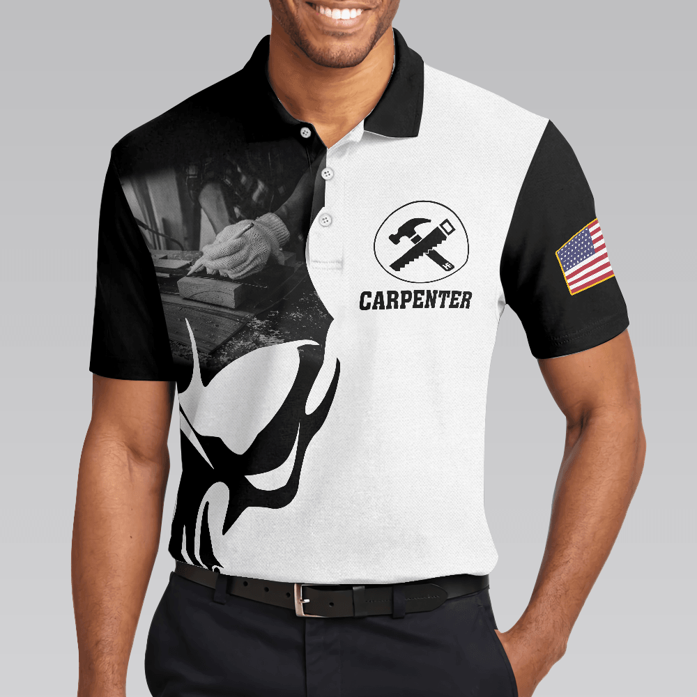 Carpenter Proud Skull Short Sleeve Black And White Polo Shirt, American Flag Polo Shirt, Best Carpenter Shirt For Men - Amzanimalsgift