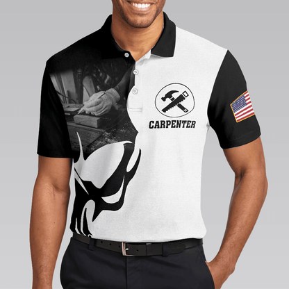 Carpenter Proud Skull Short Sleeve Black And White Polo Shirt, American Flag Polo Shirt, Best Carpenter Shirt For Men - Amzanimalsgift