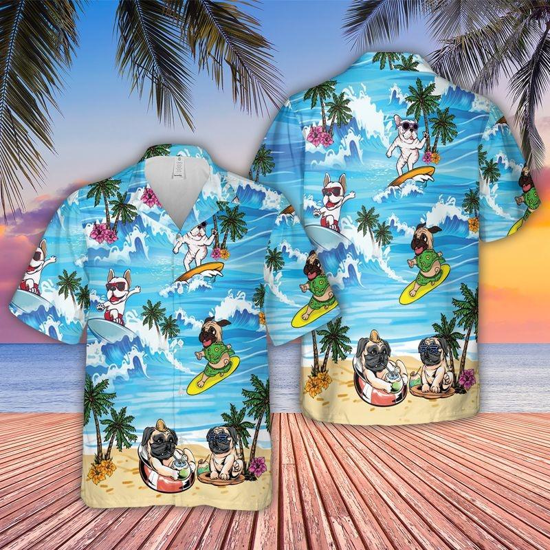 Cartoon Dog Aloha Hawaiian Shirt - Bull Dog surfing Hawaiian Shirt, Cartoon Pug Hawaiian Shirt For Men & Women, Dog Lover - Amzanimalsgift