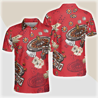 Casino Pattern Red Short Sleeve Polo Shirt, Roulette Wheel Polo Shirt, Best Casino Shirt For Men - Amzanimalsgift