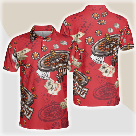 Casino Pattern Red Short Sleeve Polo Shirt, Roulette Wheel Polo Shirt, Best Casino Shirt For Men - Amzanimalsgift