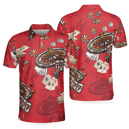 Casino Pattern Red Short Sleeve Polo Shirt, Roulette Wheel Polo Shirt, Best Casino Shirt For Men - Amzanimalsgift