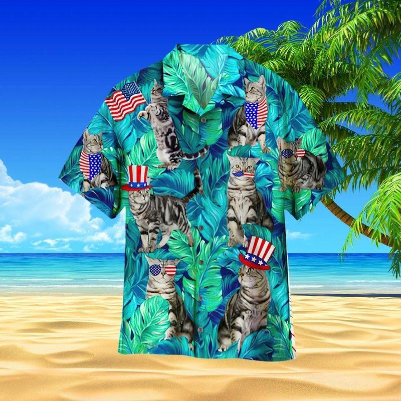 Cat Aloha Hawaiian Shirt - 4th Of July Hawaiian Shirt, US flag Hawaiian Shirt For Men & Women, Cat Lover - Amzanimalsgift