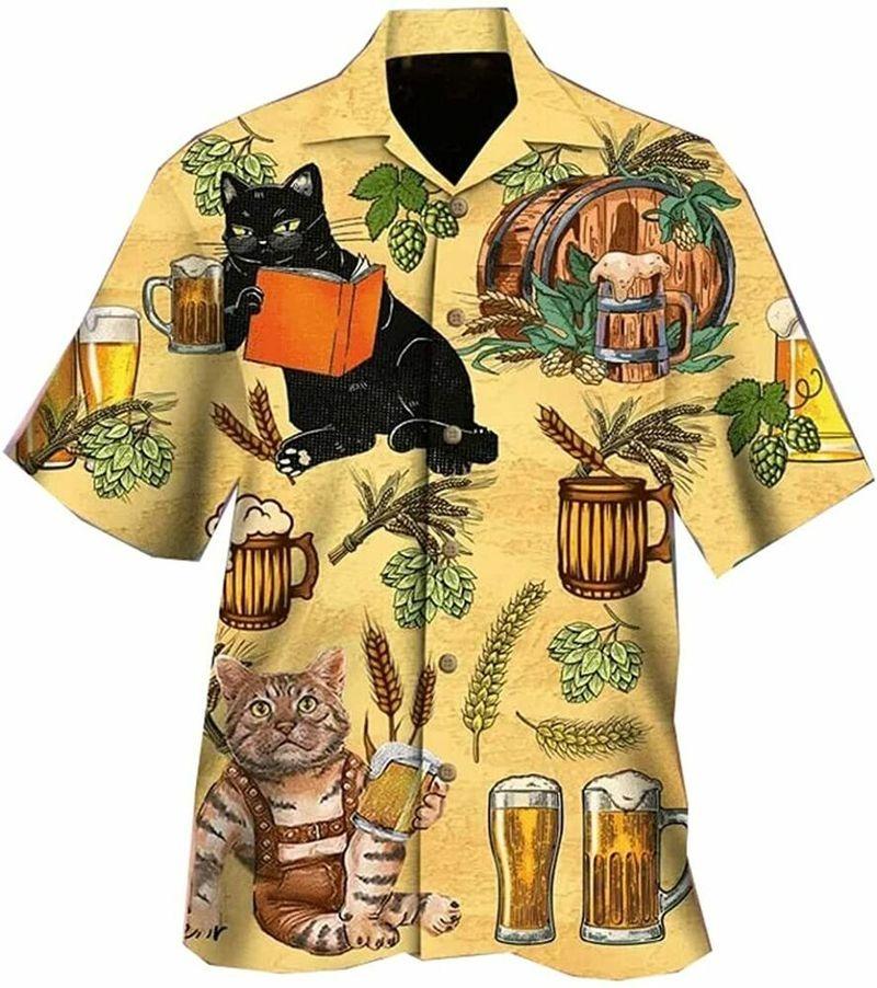 Cat Aloha Hawaiian Shirt - Black Cat & Beer Hawaiian Shirt, Funny Cat Beach Hawaiian Shirt For Men & Women, Cat Lover - Amzanimalsgift