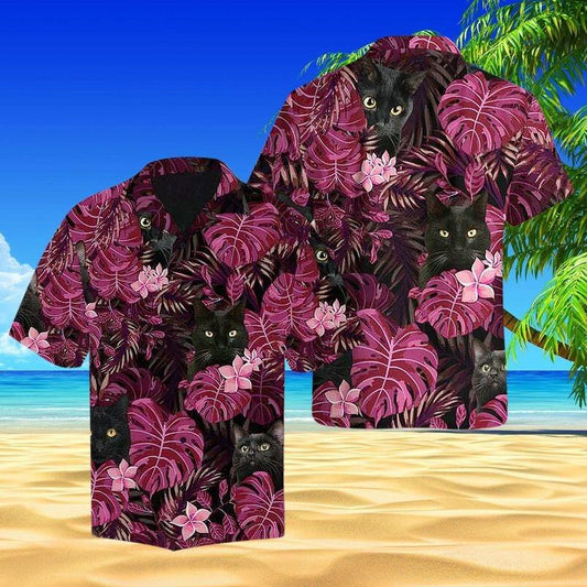 Cat Aloha Hawaiian Shirt - Black Cat Hawaiian Shirt, Purple Hibiscus Hawaiian Shirt For Men & Women, Cat Lover - Amzanimalsgift