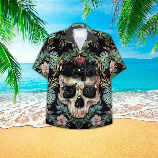 Cat Aloha Hawaiian Shirt - Black Cat Hawaiian Shirt, Skull Hawaiian Shirt For Men & Women, Cat Lover - Amzanimalsgift