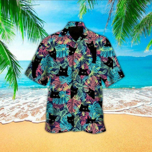 Cat Aloha Hawaiian Shirt - Black Kitten Hawaiian Shirt, Neon Tropical Pattern Backgruoud Hawaiian Shirt For Men & Women, Cat Lover - Amzanimalsgift