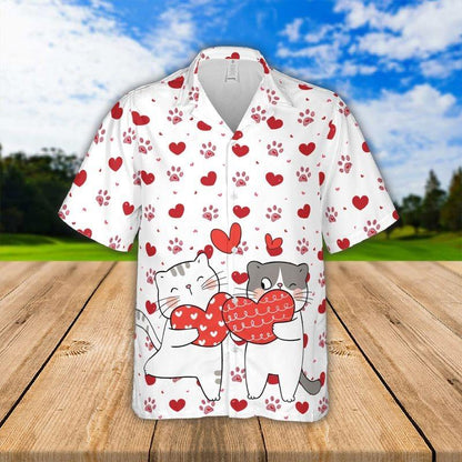 Cat Aloha Hawaiian Shirt - Cute Cartoon Cat Couple Hawaiian Shirt, Valentine Cat Couple Valentine Hawaiian Shirt For Men & Women, Cat Lover - Amzanimalsgift