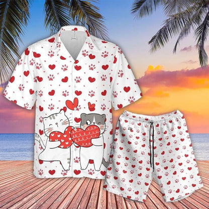 Cat Aloha Hawaiian Shirt - Cute Cartoon Cat Couple Hawaiian Shirt, Valentine Cat Couple Valentine Hawaiian Shirt For Men & Women, Cat Lover - Amzanimalsgift