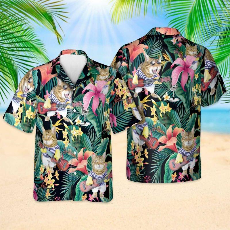 Cat Aloha Hawaiian Shirt - Cute Cat & Guitar Hawaiian Shirt, Tropical Leaves Hawaiian Shirt For Men & Women, Cat Lover - Amzanimalsgift