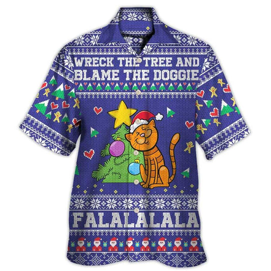Cat Aloha Hawaiian Shirt For Summer, Cat Christmas Ugly Pattern Blue, Cat Wreck The Tree And Blame The Doggies Hawaiian Shirts Outfit For Men Women, Cat Lovers - Amzanimalsgift