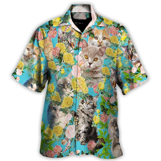 Cat Aloha Hawaiian Shirt For Summer, Cat With Flowers Aloha Shirts, Best Colorful Cat Hawaiian Shirts Outfit For Men Women, Friend, Team, Cat Lovers - Amzanimalsgift
