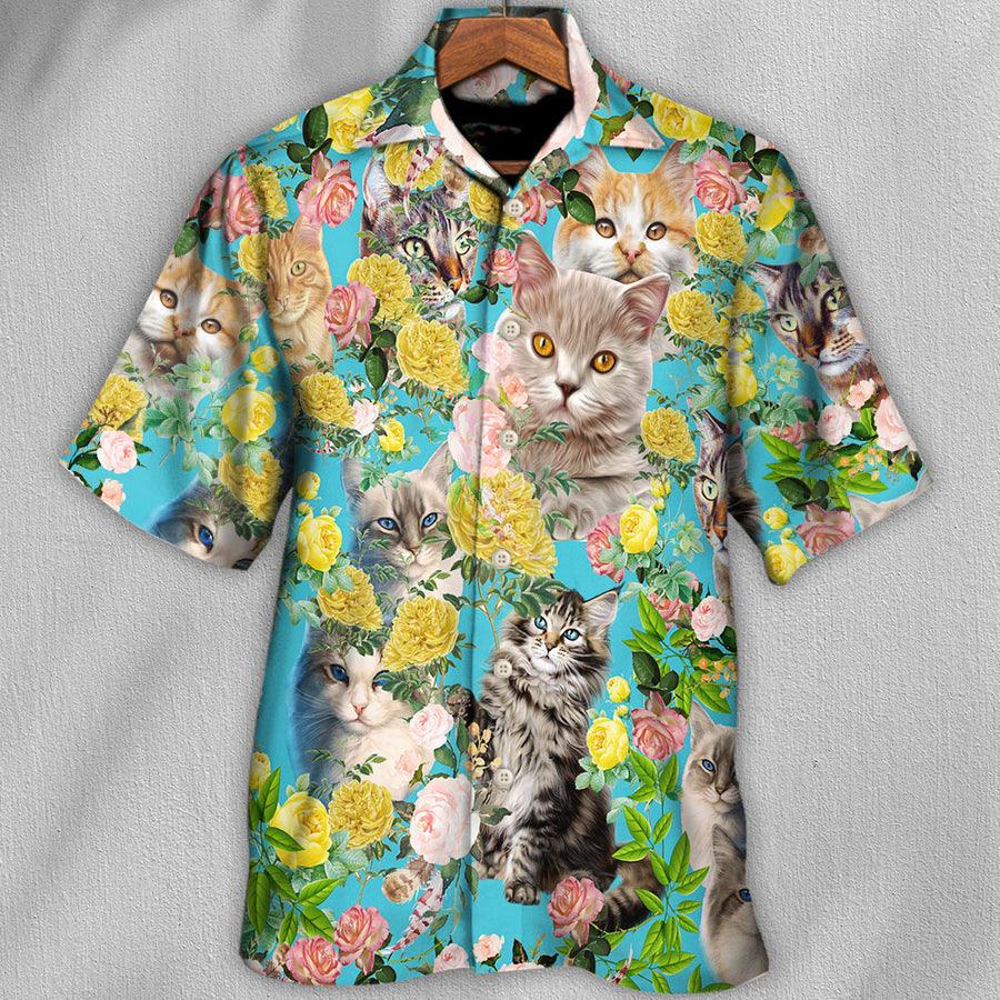 Cat Aloha Hawaiian Shirt For Summer, Cat With Flowers Aloha Shirts, Best Colorful Cat Hawaiian Shirts Outfit For Men Women, Friend, Team, Cat Lovers - Amzanimalsgift