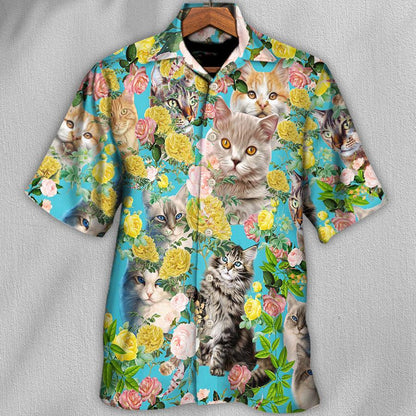 Cat Aloha Hawaiian Shirt For Summer, Cat With Flowers Aloha Shirts, Best Colorful Cat Hawaiian Shirts Outfit For Men Women, Friend, Team, Cat Lovers - Amzanimalsgift