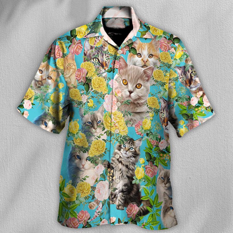 Cat Aloha Hawaiian Shirt For Summer, Cat With Flowers Aloha Shirts, Best Colorful Cat Hawaiian Shirts Outfit For Men Women, Friend, Team, Cat Lovers - Amzanimalsgift