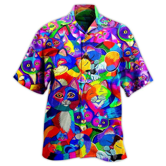 Cat Aloha Hawaiian Shirt For Summer, Colorful Rainbow Cat Hawaiian Shirts Outfit For Men Women, Gift For Friend, Team, Cat Lovers - Amzanimalsgift