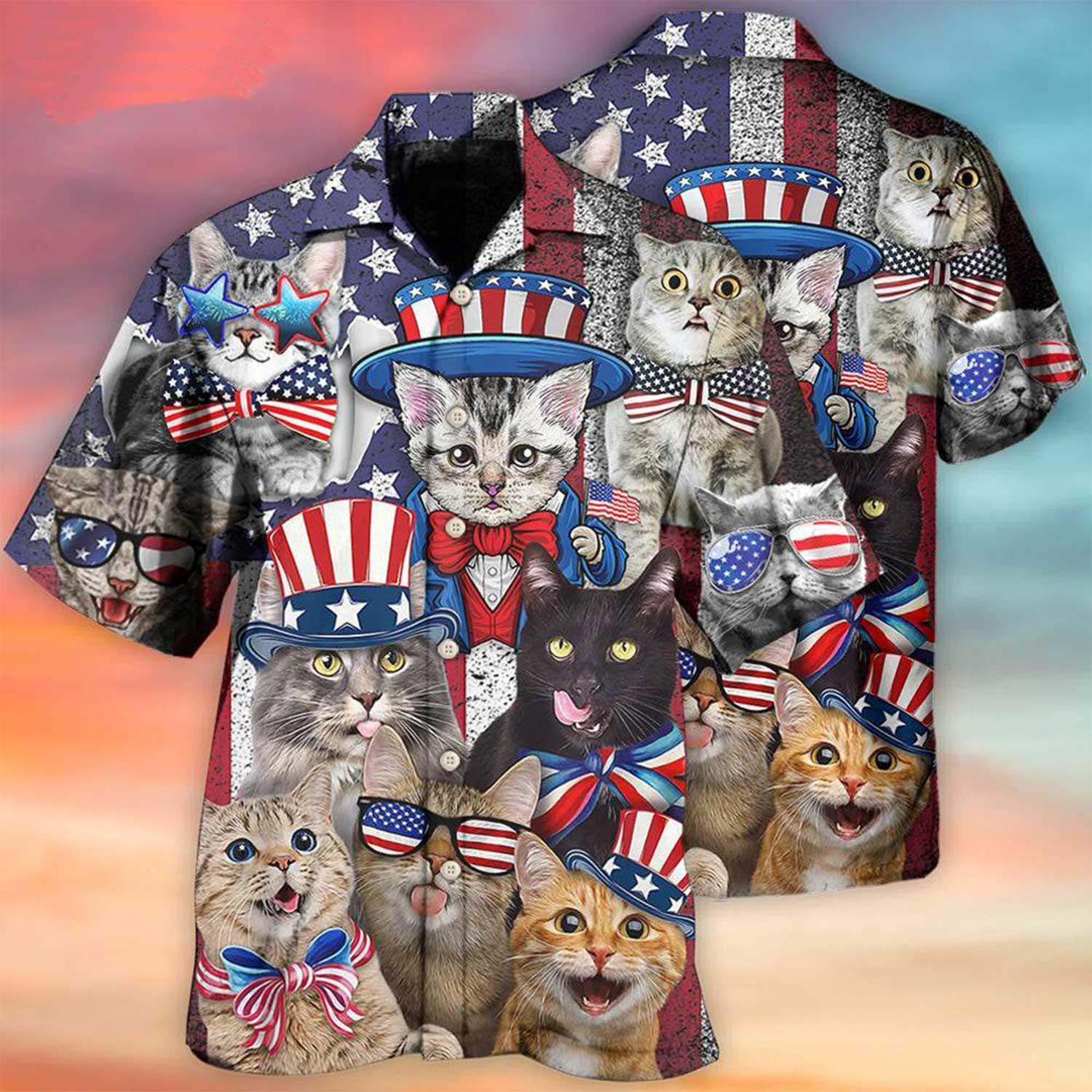 Cat Aloha Hawaiian Shirts For Summer, Cat Independence Day Funny Hawaiian Shirt For Men Women, Gift For Cat Lovers, Fourth Of July Party, 4th of July - Amzanimalsgift