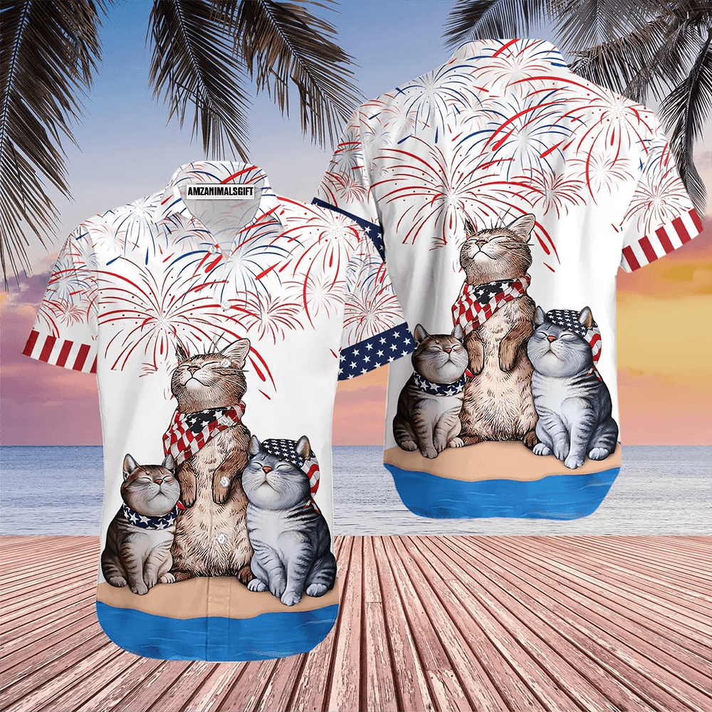 Cat American Flag Firework Aloha Hawaiian Shirts For Men Women, 4th July Gift For Summer, Friend, Family, Independence Day, Cat Lovers, Cat Mom Dad - Amzanimalsgift