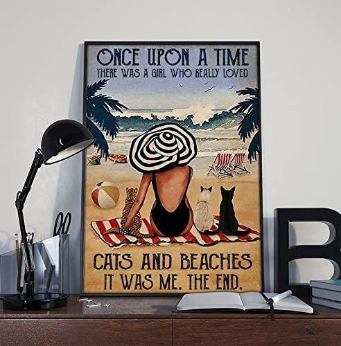 Cat & Beach Portrait Canvas - Once Upon A Time There Was A Girl Who Really Loved Cats And Beaches Canvas - Perfect Gift For Beach & Cat Lover - Amzanimalsgift