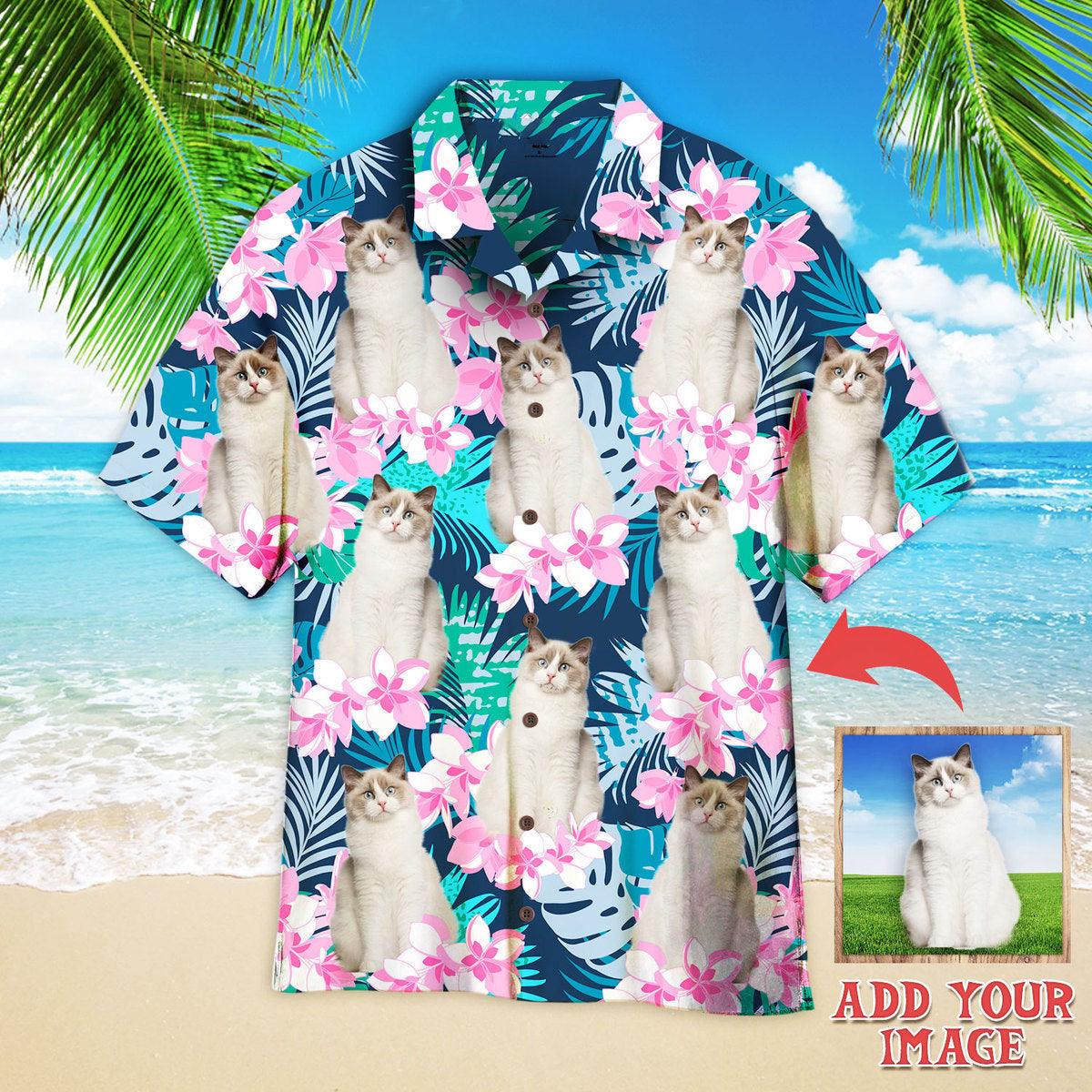 Cat And Beautiful Flower Tropical Custom Photo Hawaiian Shirt, Personalized Hawaiian Shirts - Gift For Cat Lovers, Family, Friends - Amzanimalsgift