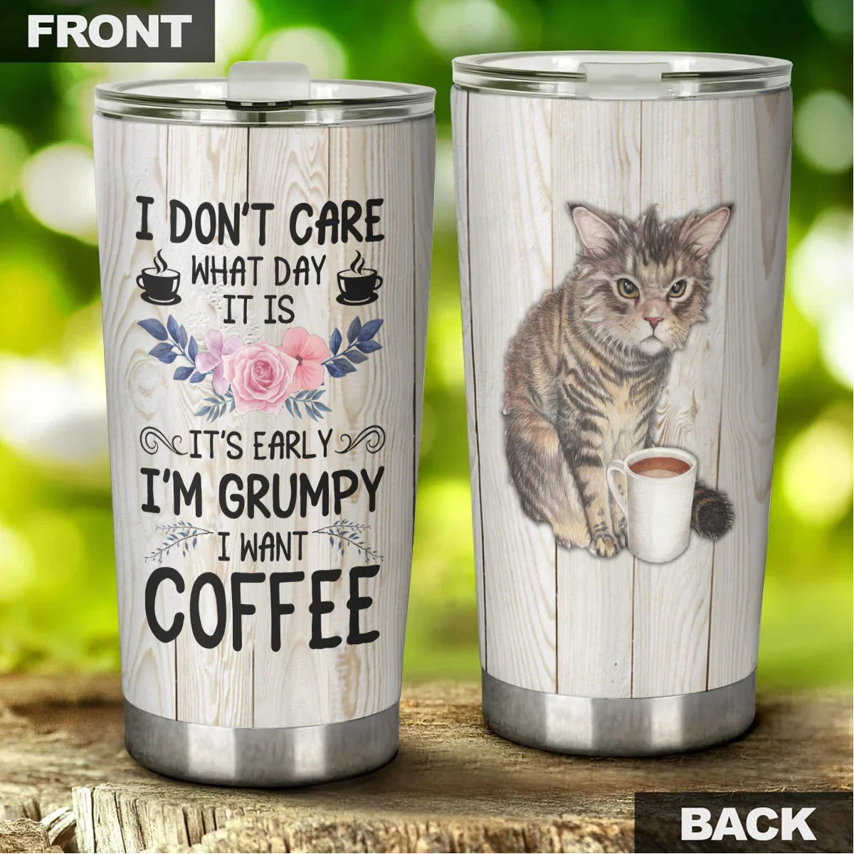 Cat And Coffee Tumbler, Gift for Cat Lovers, Cat Mom Dad, Mother's Day, Couples, Husband, Wife, Parents, Lovers, I Don't Care I Want Coffee - Amzanimalsgift