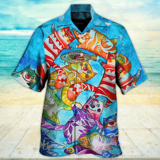 Cat And Fish Hawaiian Shirt For Summer, Best Colorful Cool Cat Hawaiian Shirts Outfit For Men Women, Friend, Team, Cat Lovers - Amzanimalsgift