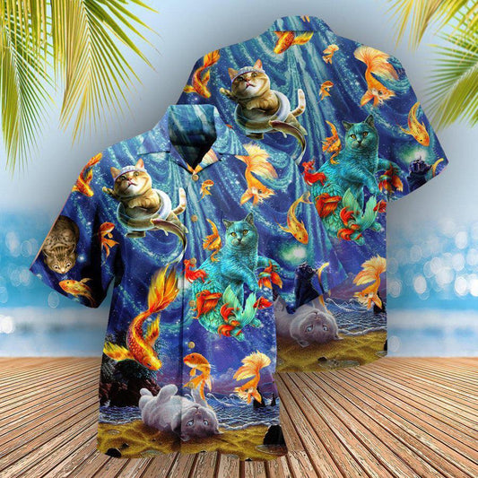 Cat And Fish Hawaiian Shirts, Cat Playing With Big Fish Aloha Shirt, Best Cat Hawaiian Shirts - Best Gift For Men Women, Friend, Team, Cat Lovers - Amzanimalsgift