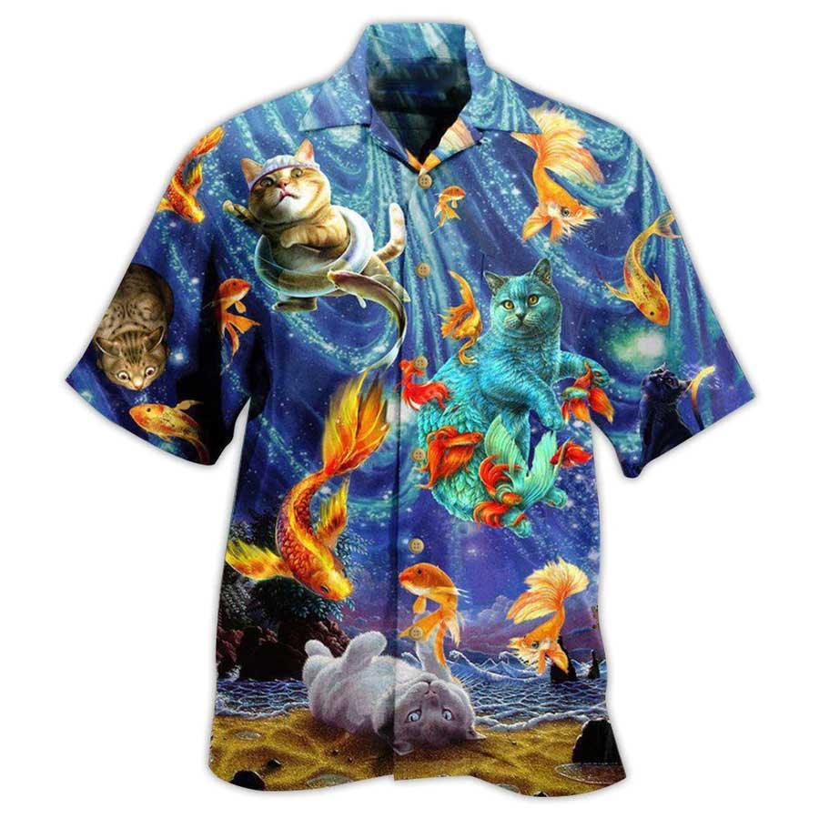 Cat And Fish Hawaiian Shirts, Cat Playing With Big Fish Aloha Shirt, Best Cat Hawaiian Shirts - Best Gift For Men Women, Friend, Team, Cat Lovers - Amzanimalsgift