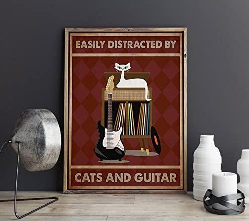 Cat And Guitar Portrait Canvas - Easily Distracted By Cats And Guitar, Cute Cat Vintage Portrait Canvas - Gift For Family, Friends, Cat Lovers - Amzanimalsgift