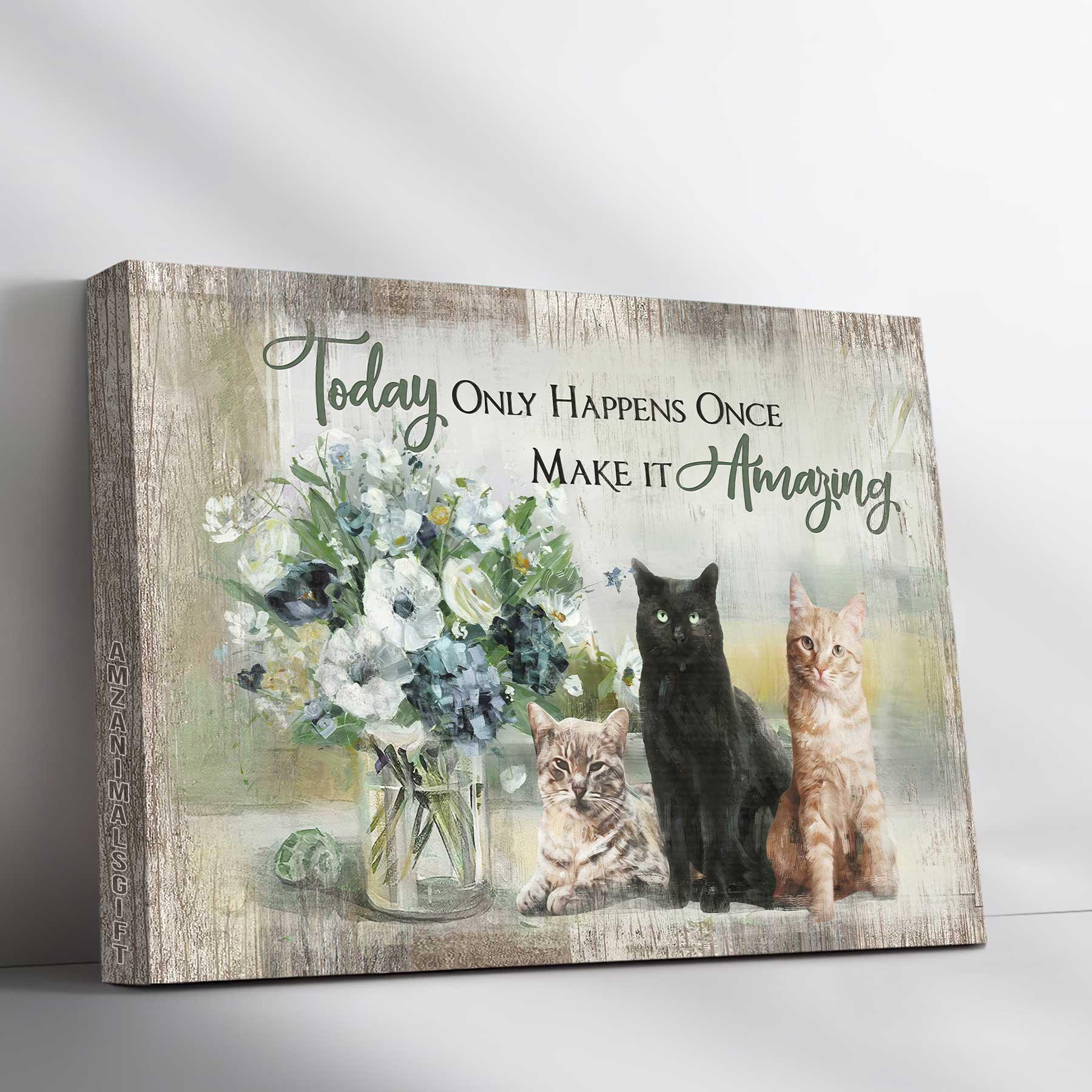 Cat & Jesus Premium Wrapped Landscape Canvas - Adorable Cats, Flower Vase, Today Only Happens Once Make It Amazing - Gift For Christian, Cat Lovers - Amzanimalsgift
