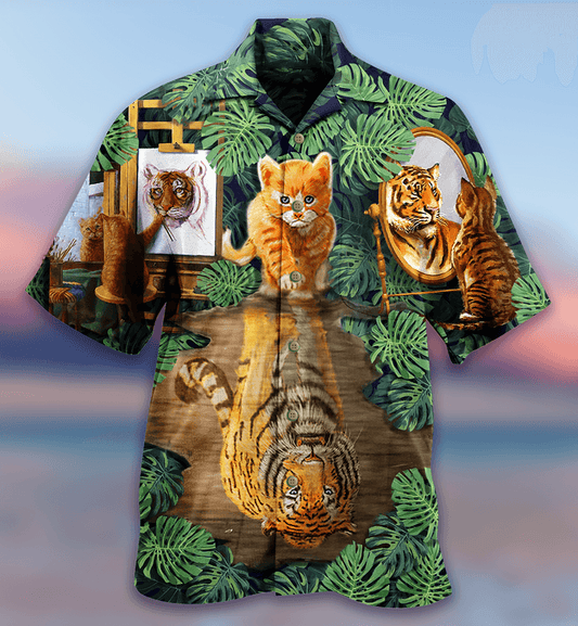 Cat And Tiger Hawaiian Shirt For Summer, Monstera Leaves, Best Colorful Cool Cat Hawaiian Shirts Outfit For Men Women, Friend, Team, Cat Lover - Amzanimalsgift
