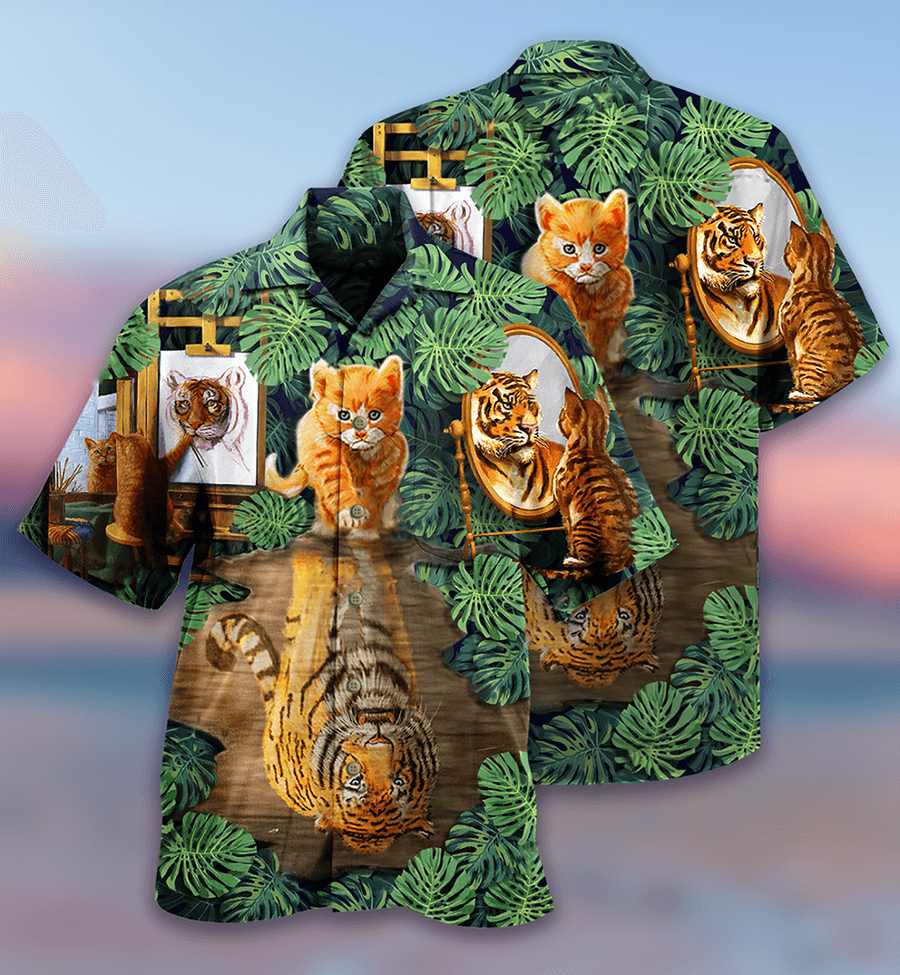 Cat And Tiger Hawaiian Shirt For Summer, Monstera Leaves, Best Colorful Cool Cat Hawaiian Shirts Outfit For Men Women, Friend, Team, Cat Lover - Amzanimalsgift
