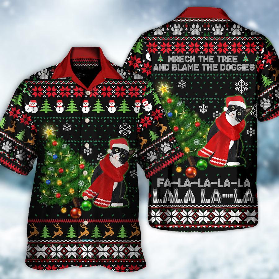 Cat Christmas Funny Ugly Style Aloha Hawaiian Shirt For Summer, Cat Wreck The Tree Hawaiian Shirts Outfit For Men Women, Friend, Cat Lover - Amzanimalsgift