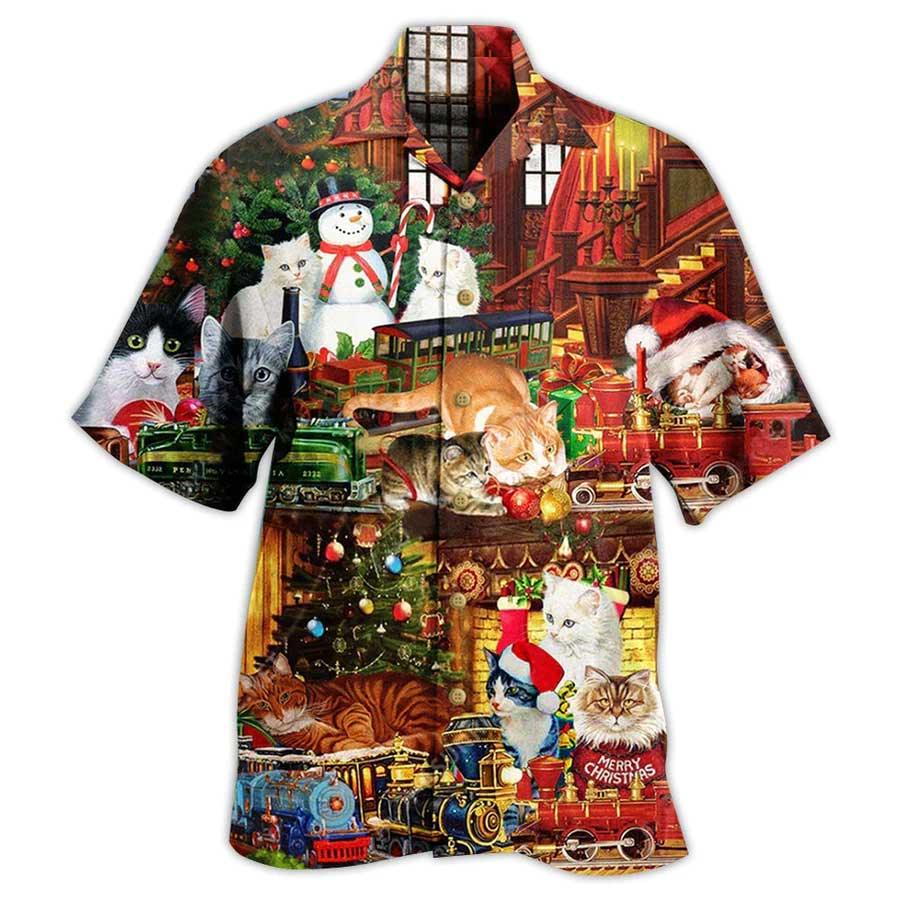 Cat Christmas Hawaiian Shirt For Summer, Best Colorful Cat With Toys Train Hawaiian Shirts Outfit For Men Women, Friend, Team, Cat Lover - Amzanimalsgift