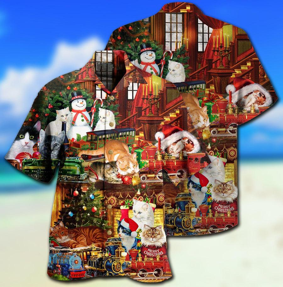 Cat Christmas Hawaiian Shirt For Summer, Best Colorful Cat With Toys Train Hawaiian Shirts Outfit For Men Women, Friend, Team, Cat Lover - Amzanimalsgift