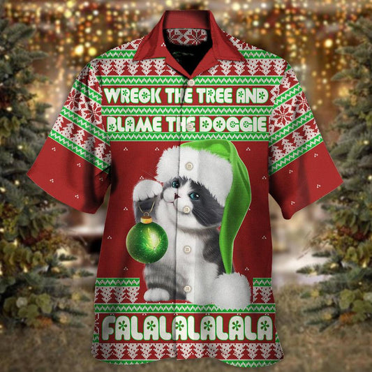 Cat Christmas Hawaiian Shirt For Summer, Cat Funny Red Style, Cat Wreck The Tree And Blame The Doggies Hawaiian Shirts Outfit For Men Women - Amzanimalsgift