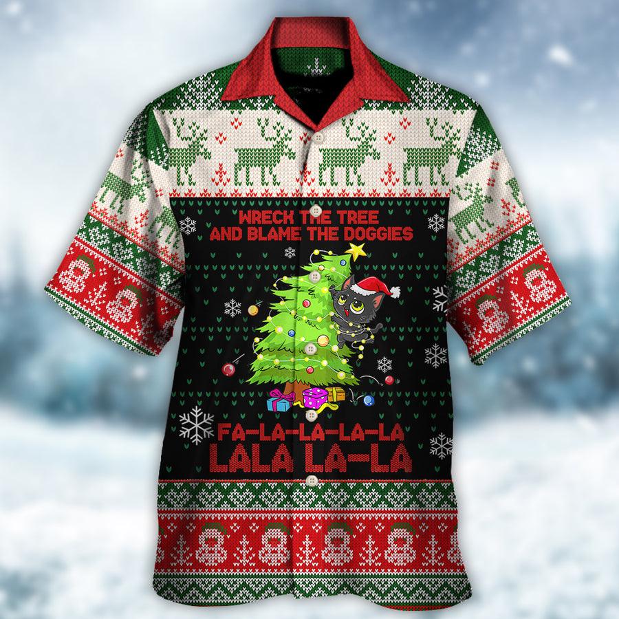 Cat Christmas Hawaiian Shirt For Summer, Funny Cat Ugly Style, Cat Wreck The Tree And Blame The Doggies Hawaiian Shirts Outfit For Men Women - Amzanimalsgift